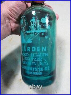 Vintage/Antique Blue Glass L. Arden Good Health Seltzer Bottle Brooklyn New York