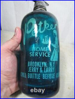 Vintage/Antique Blue Glass Petker's Home Service Seltzer Bottle Brooklyn NY