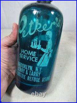 Vintage/Antique Blue Glass Petker's Home Service Seltzer Bottle Brooklyn NY