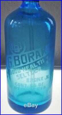 Vintage BLUE GLASS SELTZER BOTTLE BORAK with Bronx NY Etching & GLASS SYPHON