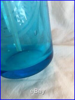 Vintage Blue Etched Glass Seltzer Bottle Glaser Siphon Manhattan New York Bar