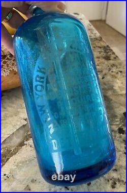 Vintage Blue Glass Seltzer Bottle New York Water Co. Detroit Made Czechoslovakia