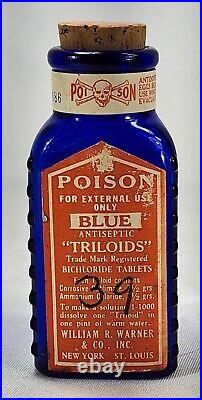 Vintage Cobalt Blue Poison bottle New York St. Louis Medicine LABEL & STOPPER