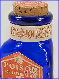 Vintage Cobalt Blue Poison bottle New York St. Louis Medicine LABEL & STOPPER