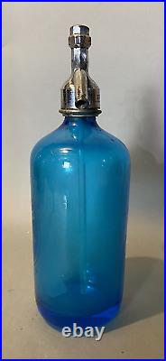 Vintage Czech Blue Glass Advertising Seltzer Bottle Berner Beverages New York