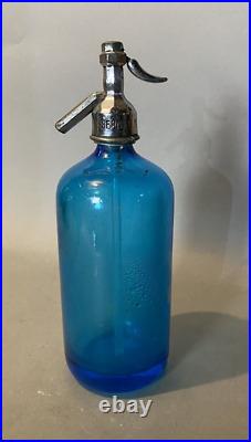 Vintage Czech Blue Glass Advertising Seltzer Bottle Berner Beverages New York