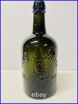 Vintage Dark Green Glass Bottle Clarke & White, NY, Seamed, Applied Top