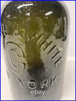Vintage Dark Green Glass Bottle Clarke & White, NY, Seamed, Applied Top