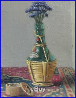 Vintage Oil on Canvas Still Life With Wine Bottle by NY Artist Nancy Peel Gladwell
