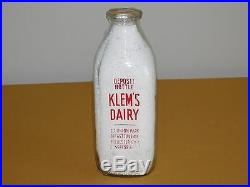 Vintage Old 1969 Klem's Dairy Rochester Ny 1 Quart Milk Bottle