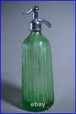 Vintage Seltzer Bottle 26 oz Etched Green Glass, Kaminsky Brooklyn NY