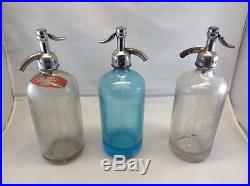 Vintage Seltzer Bottle Lot (3) Blue, Clear, and clear NY area soda bike bottle