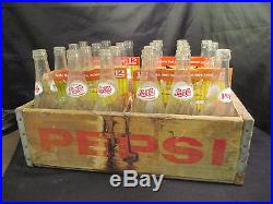 Vintage Wooden Pepsi Soda Pop Bottle Crate Carrier Wood Box With Bottles Utica NY