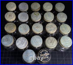 Vintage lot of (97) Vaseline Glass Jars Blue Seal Pomade Chesebrough New York