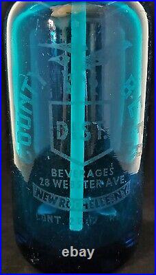 Vtg BLUE GLASS SELTZER BOTTLE COUNTY BEER NEW ROCHELLE NY with an EAGLE ETCHED