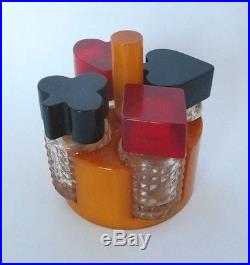 Vtg Bakelite Butterscotch Perfume Bottle Holder Red/Blk Poker Card Top Bouton NY