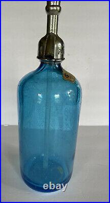 Vtg Blue Seltzer Bottle Park Bottling Co. Bronx Horseshoe E Storch Label NY
