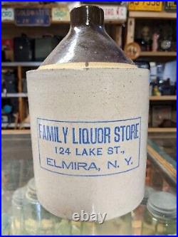 Vtg Family Liquor Store, 124 Lake St, Elmira N. Y. Half Gallon Stone Whiskey Jug