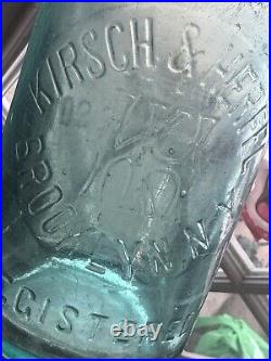 Vtg rare slug plt embossed aqua Blob Top bottle Kirsch & Herfel Brooklyn N. Y