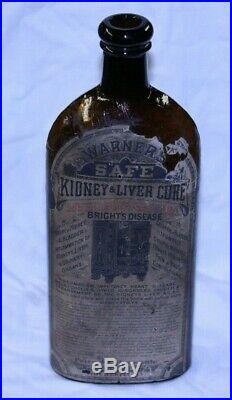 Warner's Safe Kidney & Liver Cure Amber Glass Bottle with Paper Label Rochester, NY