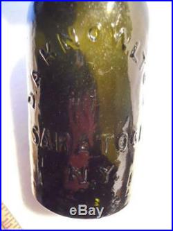 Whittled Perfect Olive Green DA Knowlton Saratoga NY Mineral Spring Water Bottle