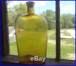 YELLOW CITRON HAGERTY GLASSWORKS N. Y. QUART WHISKEY FLASK 1870s APPLIED LIP RARE